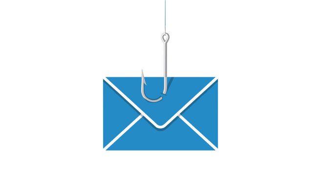 A vibrant blue envelope is hooked by a sharp metal fishing hook in a clean minimalist environment with a bright and simple white lighting motif.
