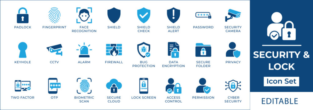 Security and lock icon set featuring biometric face recognition, fingerprint scan, data encryption, cybersecurity, two-factor authentication, privacy, and firewall protection.