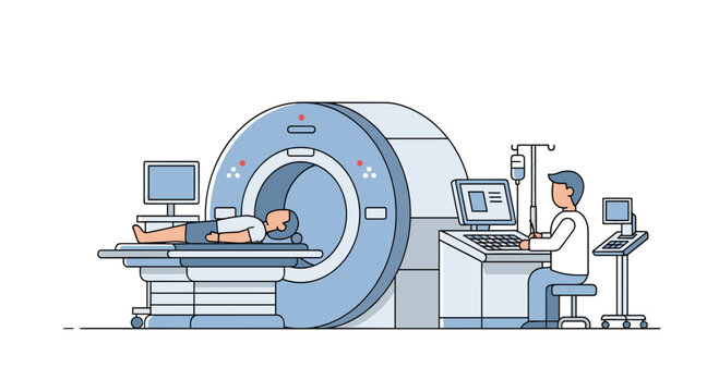A professional medical technician operates a computer console while a patient undergoes a diagnostic scan in a large MRI machine in a clean clinical setting with a blue color motif.
