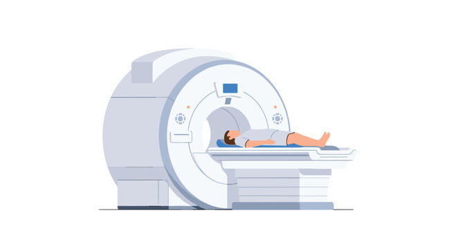A patient lies comfortably on a sliding bed while entering a modern MRI scanner for a medical examination in a pristine white clinical environment with a minimalist color motif.