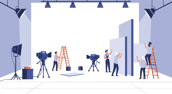 A busy film production crew operates multiple cameras and adjusts large backdrops under bright studio lights in a spacious blue-toned facility.