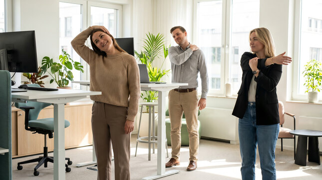 Office workers in casual attire, performing neck and arm stretches, practicing ergonomics at work, modern workspace interior, wellness photography
