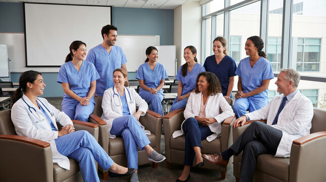 Medical professionals in scrubs, sitting in circle laughing, having team discussion, hospital conference room, healthcare photography