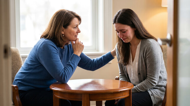 Two women at wooden table, mature female comforting crying younger adult, indoor home interior, lifestyle photography