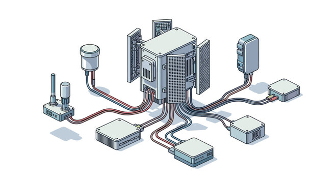 An isometric technical illustration shows a central communication hub linked to various peripheral sensors and devices by a complex wiring system.