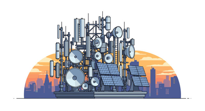 A highly concentrated cluster of communication antennas and solar panels stands prominently against a vibrant orange sunset over a sprawling city.