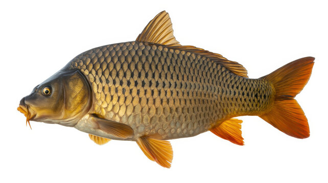 A common carp fish with golden scales and orange fins isolated on a clean white background