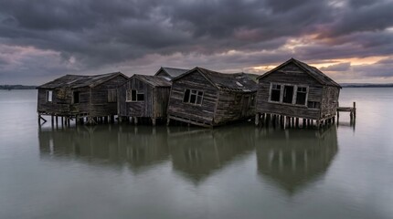 Obraz premium Dilapidated wooden huts on stilts stand precariously in calm water under a dramatic, cloudy sky.