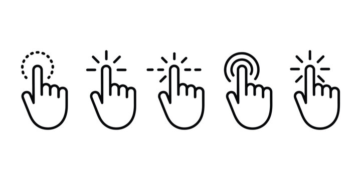 Pointer cursor computer mouse icon, clicking cursor and pointing hand click symbols, modern interaction vector illustration