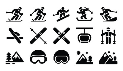 Fototapeta premium Winter sports set with skiing snowboarding and mountain lift icons for ski resort design.