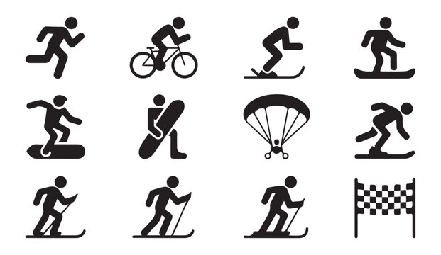 Winter sports action icons set including skiing snowboarding and active outdoor activities.