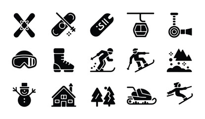 Fototapeta premium Set of winter ski icons featuring sports equipment resort facilities and snowy activities.