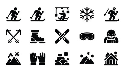 Fototapeta premium Winter vacation icons featuring skiers ski lift snowflake mountains and sports equipment.