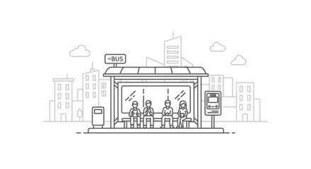 Naklejka premium Line drawing of a city bus stop with people waiting and buildings in the background under a cloudy sky.