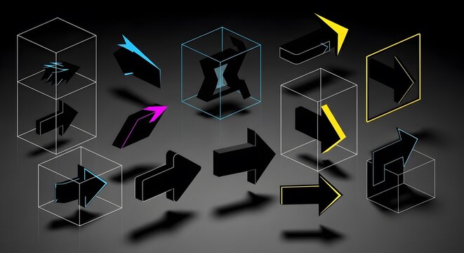3d isometric futuristic technology cubes and arrows on dark gradient background