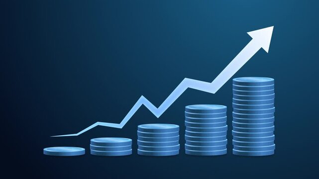 Stacked money coins and rising arrow representing business growth, financial success, investment returns, profit, revenue increase and economic progress for corporate