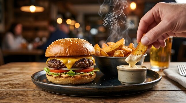 A delicious cheeseburger with fries and dipping sauce, perfect for a casual meal or pub grub