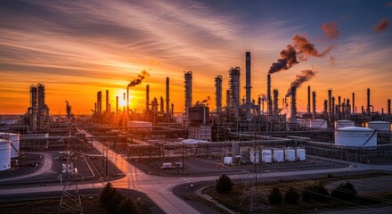 Naklejka premium A large oil refinery complex dominates the landscape during a vibrant sunset.