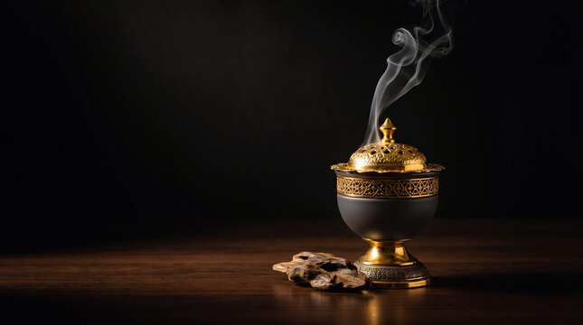 Ornate Golden Incense Burner with Smoke on Dark Background with Copy Space