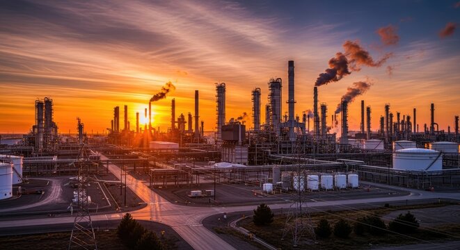 A large oil refinery complex dominates the landscape during a vibrant sunset.