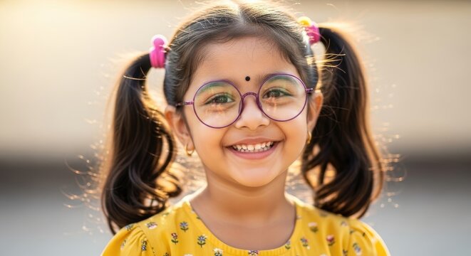 A young girl with dark hair styled in pigtails smiles brightly at the camera. She wears round, purple-framed glasses and a yellow shirt with floral patterns.