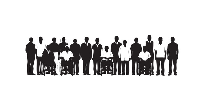 Diverse group of people silhouettes, including individuals in wheelchairs, business and casual attire, standing.