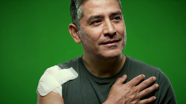 Man with Arm Bandage Smiling and Touching Shoulder Experiencing Discomfort or Recovery on Green Screen Background