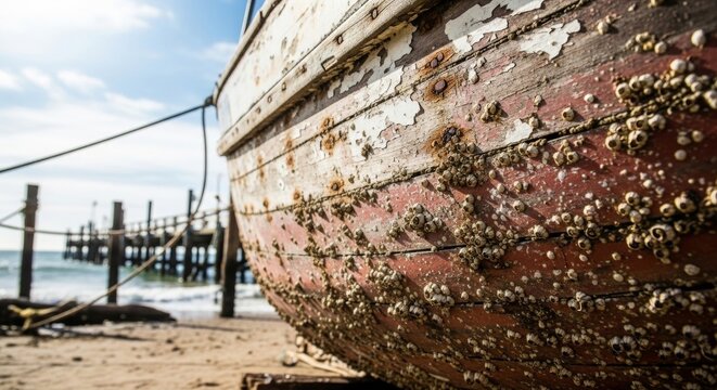 Weathered Wooden Boat Covered in Barnacles on Beach