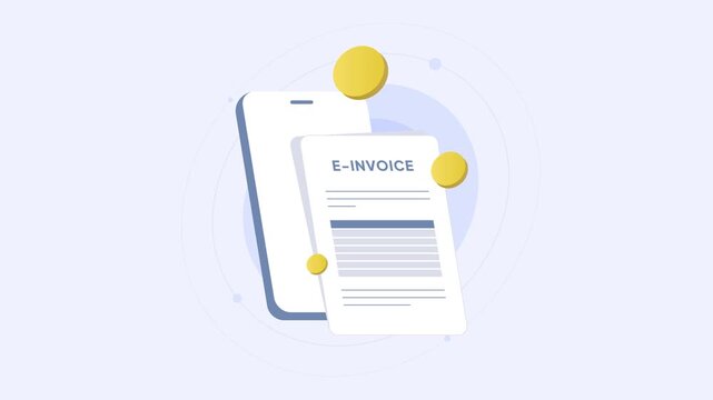 E-invoice animation with mobile app, digital billing document and payment coins. Online invoicing workflow, payment processing. Smooth loop motion for fintech billing systems motion graphic animation