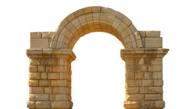 Ancient stone archway made of weathered sandstone blocks isolated on a plain white background