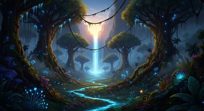 Bioluminescent glowing flora and giant ancient trees create a magical ecosystem within this dense and vibrant mystical temperate tropical forest