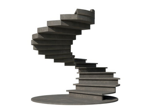 Spiral staircase made of grey concrete isolated on a plain white background