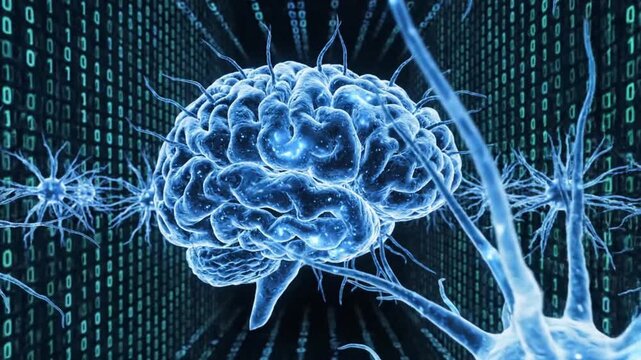 Artistic neuron brain cells glowing in blue cyberspace with binary numbers all around in bright digital environment