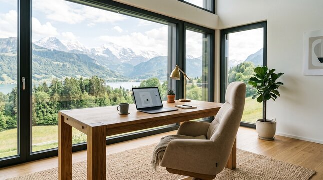 Modern home office with mountain view laptop and chair