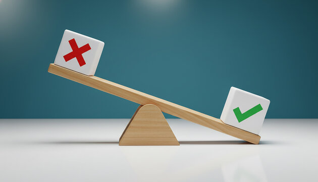 Balanced seesaw with green checkmark and red X on white surface with teal background