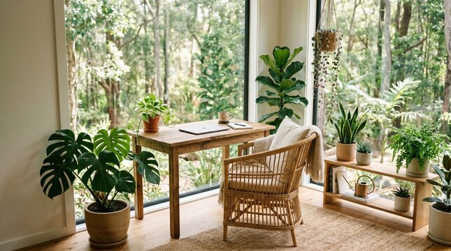 Cozy home office with plants and natural light wooden desk chair