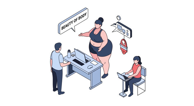 Isometric illustration of plus-size woman at office with colleagues.