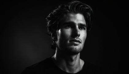 Obraz premium Male Portrait with Dramatic Lighting: A striking black and white portrait of a young man, his face illuminated by dramatic lighting, conveying a sense of intensity and contemplation.