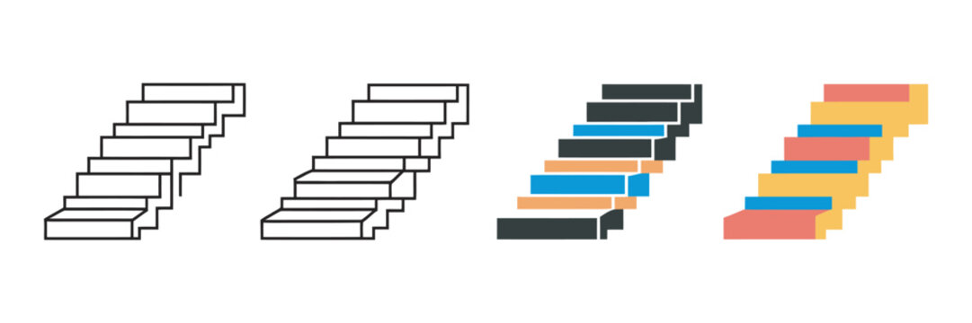 Minimalist stairs icons with transparent background illustrating step by step progress ascent improvement and development concepts for UI design systems and vector illustration.
