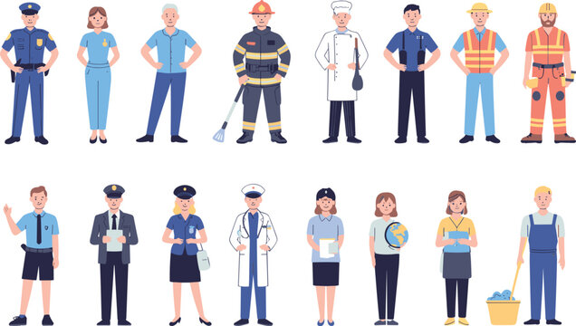 Professional workers vector illustration set, different occupations characters, police doctor firefighter engineer service staff flat design collection