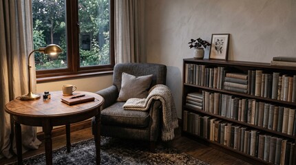 Fototapeta premium Cozy reading nook with armchair wooden table lamp bookshelf