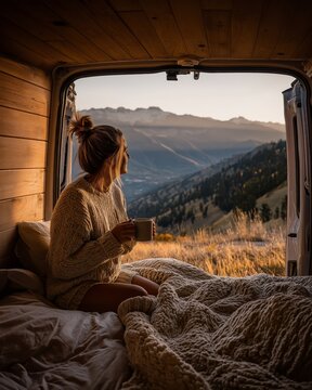 Woman van cup mountain view cabin interior travel cozy sunrise