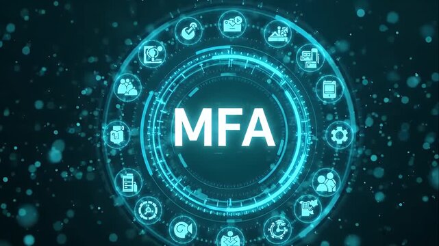 Futuristic multi-factor authentication MFA concept showing a glowing digital interface with various security icons