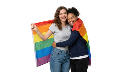 Fototapeta premium Two friends hug while holding a rainbow flag, AI, PNG