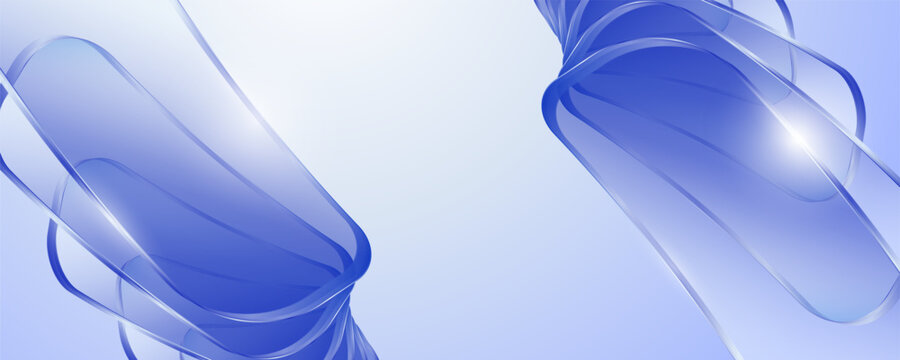 Abstract blue 3D flowing glass ribbons on light background