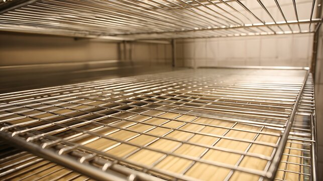 Empty stainless steel oven racks inside a commercial kitchen oven.