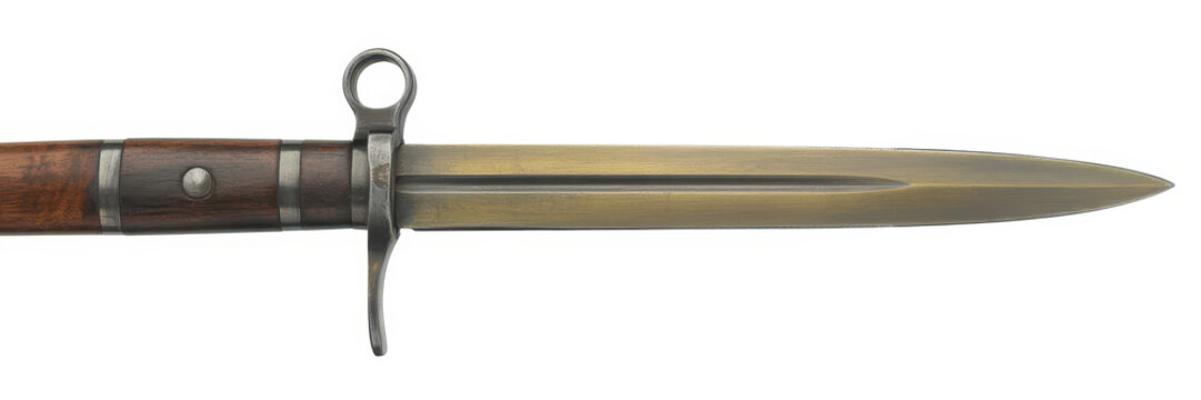 Vintage military bayonet with wooden handle and brass blade isolated on a white background
