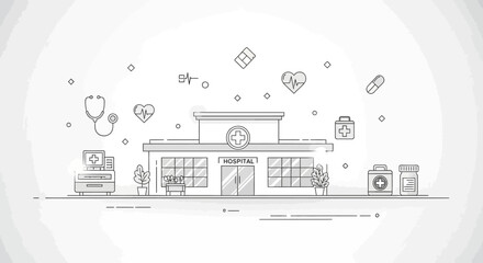 Fototapeta premium Line drawing of a medical building with various health symbols floating above it on a white background.
