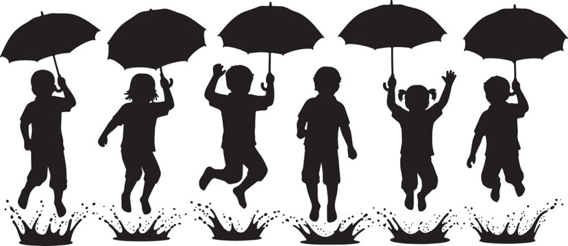 Kids Playing in Rain and Jumping Puddles