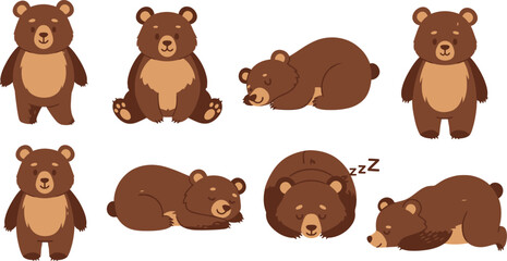 Fototapeta premium Cartoon brown bear in various sleeping poses Vector